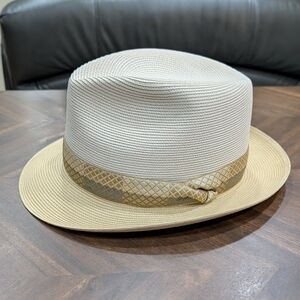 STETSON Men's Andover Florentine Milan Straw Fedora Hat Size 7 5/8 Beige/Sand